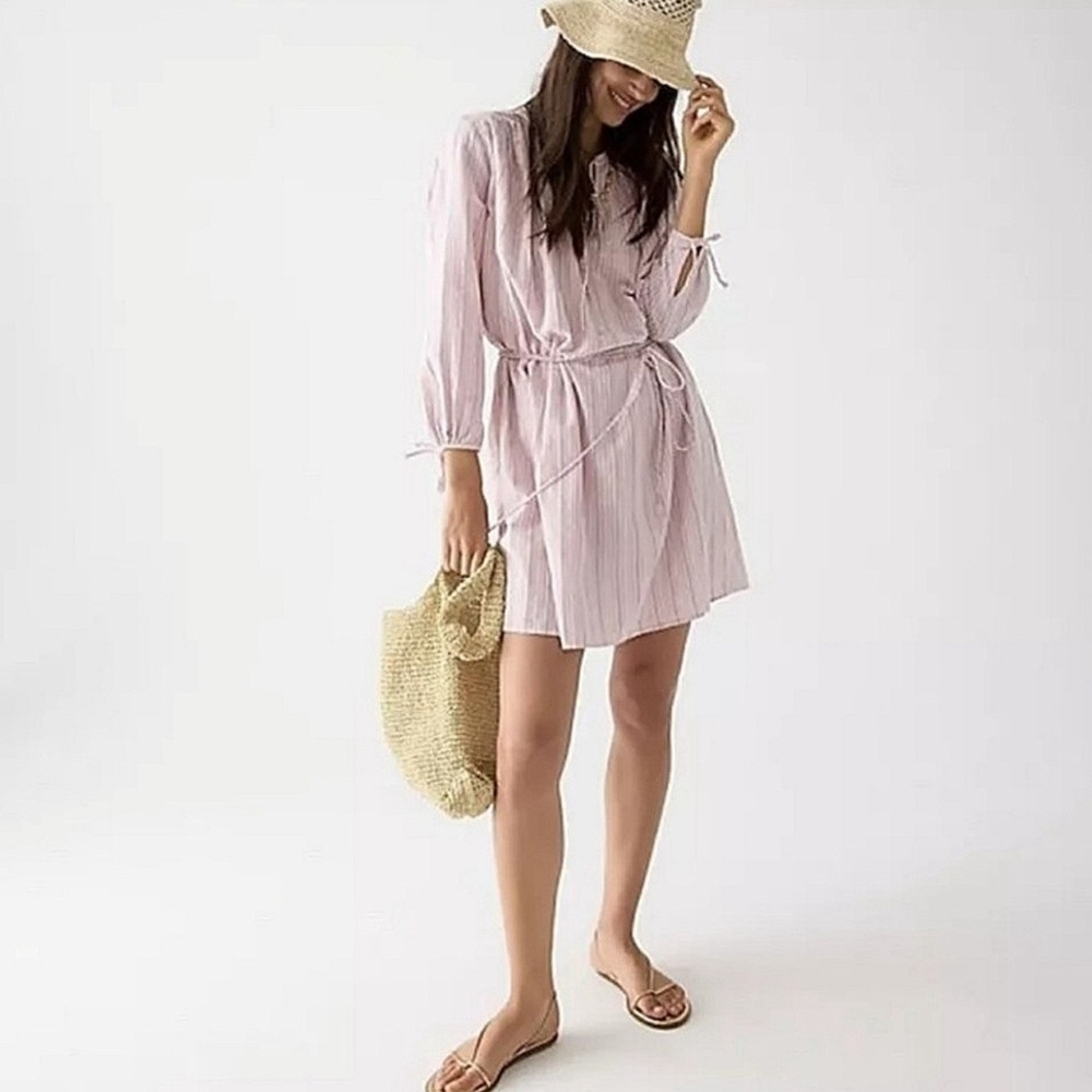 J.Crew Pink Striped Bow Tie Long Sleeve Cotton Poplin Dress M-L Cottage Vintage
